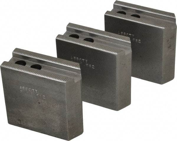 Abbott Workholding Products - 6-1/2" Chuck Capacity, 1/16" x 90 Serrated Attachment, Square Soft Lathe Chuck Jaw - 3 Jaws, Steel, 0.65" Btw Mount Hole Ctrs, 3" Long x 1-1/4" Wide x 3" High, 0.551" Groove, 0.3937" & 10mm Fastener - Americas Industrial Supply