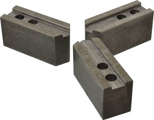 Abbott Workholding Products - 8" & Up Chuck Capacity, 1/16" x 90 Serrated Attachment, Square Soft Lathe Chuck Jaw - 3 Jaws, Steel, 29/32" Btw Mount Hole Ctrs, 4" Long x 1-1/2" Wide x 2" High, 0.669" Groove, 0.4724" & 12mm Fastener - Americas Industrial Supply