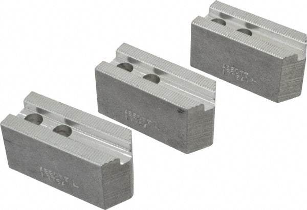 Abbott Workholding Products - 6" & Up Chuck Capacity, 1.5mm x 60° Serrated Attachment, Square Soft Lathe Chuck Jaw - 3 Jaws, Aluminum, 0.7874" Btw Mount Hole Ctrs, 3" Long x 1-1/4" Wide x 1-1/2" High, 0.4724" Groove, 0.3937" & 10mm Fastener - Americas Industrial Supply