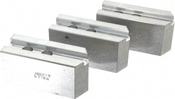 Abbott Workholding Products - 8" & Up Chuck Capacity, 1.5mm x 60° Serrated Attachment, Square Soft Lathe Chuck Jaw - 3 Jaws, Aluminum, 63/64" Btw Mount Hole Ctrs, 4" Long x 1-1/2" Wide x 2" High, 0.5512" Groove, 0.4724" & 12mm Fastener - Americas Industrial Supply