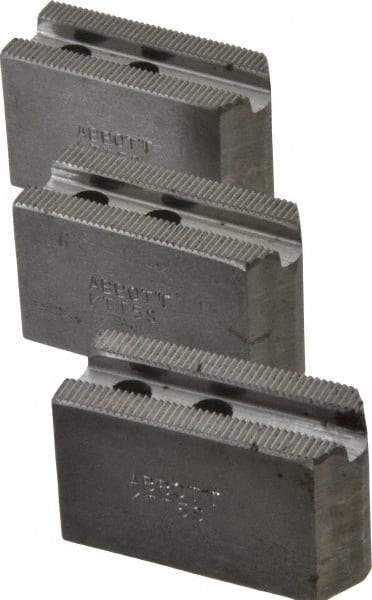 Abbott Workholding Products - 5" & Up Chuck Capacity, 1.5mm x 60° Serrated Attachment, Square Soft Lathe Chuck Jaw - 3 Jaws, Steel, 0.7087" Btw Mount Hole Ctrs, 2-1/2" Long x 1" Wide x 1-1/2" High, 0.3937" Groove, 0.315" & 8mm Fastener - Americas Industrial Supply