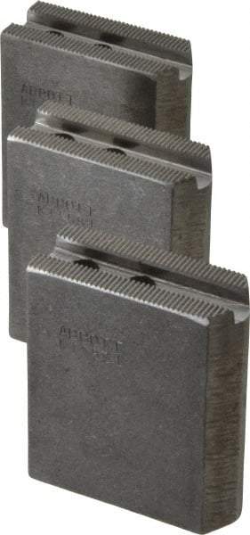 Abbott Workholding Products - 5" & Up Chuck Capacity, 1.5mm x 60° Serrated Attachment, Square Soft Lathe Chuck Jaw - 3 Jaws, Steel, 0.7087" Btw Mount Hole Ctrs, 2-1/2" Long x 1" Wide x 3" High, 0.3937" Groove, 0.315" & 8mm Fastener - Americas Industrial Supply