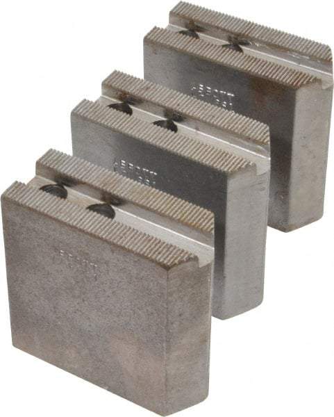 Abbott Workholding Products - 6" & Up Chuck Capacity, 1.5mm x 60° Serrated Attachment, Square Soft Lathe Chuck Jaw - 3 Jaws, Steel, 0.7874" Btw Mount Hole Ctrs, 3" Long x 1-1/4" Wide x 3" High, 0.4331" Groove, 0.3937" & 10mm Fastener - Americas Industrial Supply