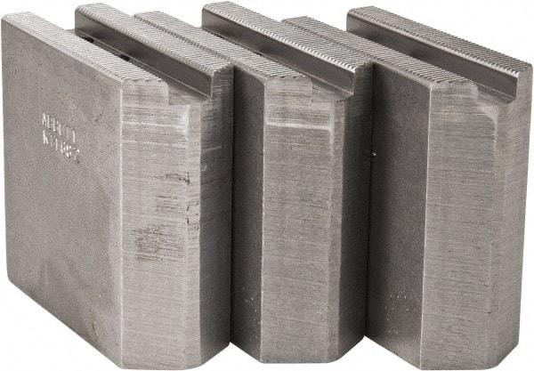 Abbott Workholding Products - 6" & Up Chuck Capacity, 1.5mm x 60° Serrated Attachment, Square Soft Lathe Chuck Jaw - 3 Jaws, Steel, 0.7874" Btw Mount Hole Ctrs, 3" Long x 1-1/4" Wide x 3" High, 0.4724" Groove, 0.3937" & 10mm Fastener - Americas Industrial Supply