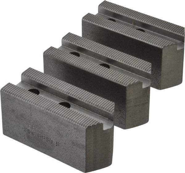 Abbott Workholding Products - 6" & Up Chuck Capacity, 1.5mm x 60° Serrated Attachment, Square Soft Lathe Chuck Jaw - 3 Jaws, Steel, 63/64" Btw Mount Hole Ctrs, 3" Long x 1-1/4" Wide x 1-1/2" High, 0.4331" Groove, 0.315" & 8mm Fastener - Americas Industrial Supply