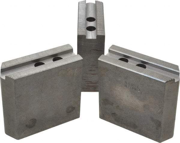 Abbott Workholding Products - 8" & Up Chuck Capacity, 1.5mm x 60° Serrated Attachment, Square Soft Lathe Chuck Jaw - 3 Jaws, Steel, 63/64" Btw Mount Hole Ctrs, 4" Long x 1-1/2" Wide x 4" High, 0.5512" Groove, 0.4724" & 12mm Fastener - Americas Industrial Supply