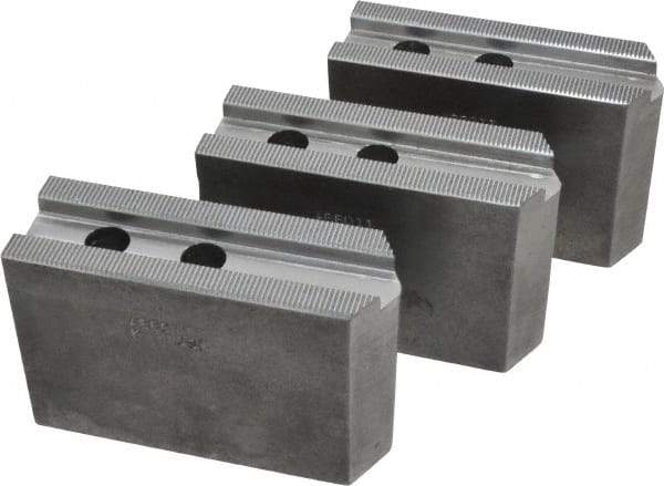 Abbott Workholding Products - 10" & Up Chuck Capacity, 1.5mm x 60° Serrated Attachment, Square Soft Lathe Chuck Jaw - 3 Jaws, Steel, 1.1811" Btw Mount Hole Ctrs, 4-1/2" Long x 1-1/2" Wide x 3" High, 0.6299" Groove, 0.4724" & 12mm Fastener - Americas Industrial Supply