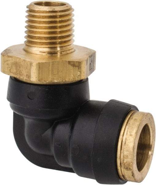 Parker - 1/2" Tube OD, 1/4 NPT Composite Push-to-Connect Tube Male Swivel Elbow - 250 Max psi, Tube to Male NPT Connection, Buna-N O-Ring, -40 to 200°F Working Temp - Americas Industrial Supply