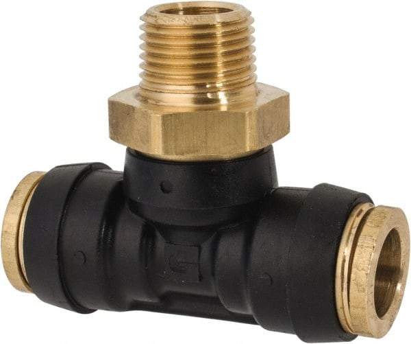 Parker - 1/2" Tube OD, 3/8 NPT Composite Push-to-Connect Tube Male Swivel Branch Tee - 250 Max psi, Tube to Male NPT Connection, Buna-N O-Ring, -40 to 200°F Working Temp - Americas Industrial Supply