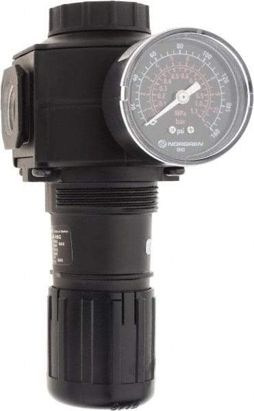 Norgren - 1/2 NPT Port, 220 CFM, Zinc Standard Regulator - 5 to 150 psi Range, 300 Max psi Supply Pressure, 1/4" Gauge Port Thread, 3.15" Wide x 6.67" High - Americas Industrial Supply