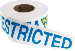 NMC - 1,000' Long x 3" Wide Roll, Vinyl, White, Blue & Yellow Barricade Tape - Message: Restricted Area - Americas Industrial Supply