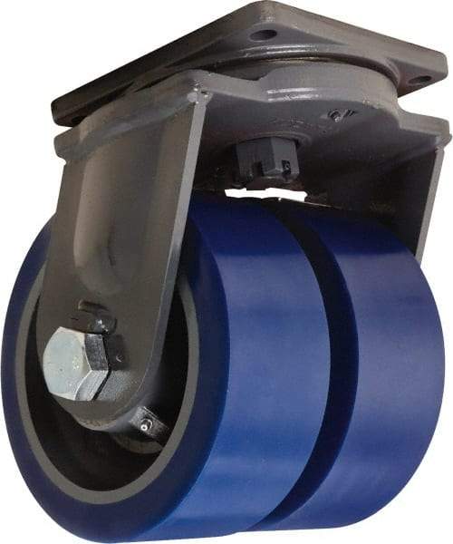 Hamilton - 10" Diam x 4" Wide x 13" OAH Top Plate Mount Dual Swivel Caster - Polyurethane Mold on Forged Steel, 10,000 Lb Capacity, Tapered Roller Bearing, 8-1/2 x 8-1/2" Plate - Americas Industrial Supply