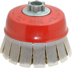 JAZ USA - 4" Diam, 5/8-11 & M14x2.00 Threaded Arbor, Steel Fill Cup Brush - 0.009 Wire Diam, 1-3/16" Trim Length, 8,500 Max RPM - Americas Industrial Supply