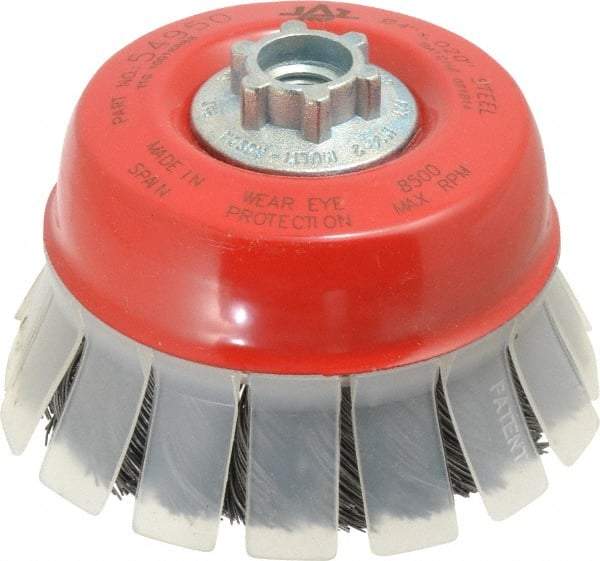 JAZ USA - 4" Diam, 5/8-11 & M14x2.00 Threaded Arbor, Steel Fill Cup Brush - 0.02 Wire Diam, 1-1/8" Trim Length, 8,500 Max RPM - Americas Industrial Supply