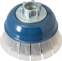 JAZ USA - 2-3/4" Diam, 5/8-11 & M14x2.00 Threaded Arbor, Stainless Steel Fill Cup Brush - 0.02 Wire Diam, 3/4" Trim Length, 15,000 Max RPM - Americas Industrial Supply