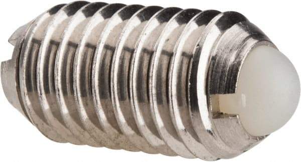 Vlier - M10x1.5, 6mm Ball Diam, 19mm Body Length, 2.01mm Max Ball Reach, Threaded Ball Plunger - Stainless Steel Body, Nylon Ball, 13.49 Lb Initial End Force, 20.23 Lb Final End Force, Locking Element - Americas Industrial Supply