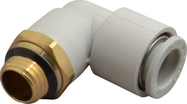 SMC PNEUMATICS - 10mm OD, 1/4 Universal, Brass/Polybutylene Push-to-Connect Male Elbow - 145 Max psi, White - Americas Industrial Supply