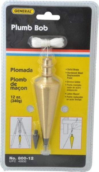 General - 5 Inch Long, 1-3/8 Inch Diameter Brass Plumb Bob - 12 Ounce, Has Replacable Tip - Americas Industrial Supply