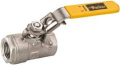 Parker - 1-1/2" Pipe, Full Port, Stainless Steel Standard Ball Valve - 2 Piece, Inline - One Way Flow, FNPT x FNPT Ends, Padlock Handle, 1,500 WOG, 150 WSP - Americas Industrial Supply