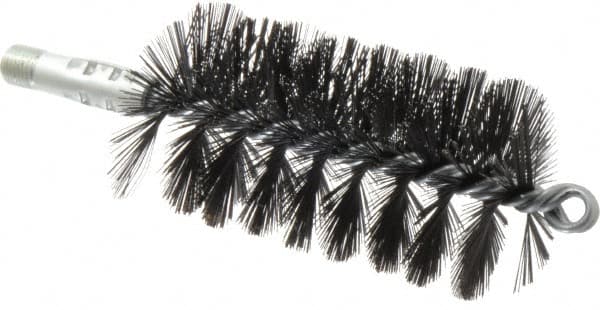 Schaefer Brush - 4-1/2" Brush Length, 2-1/2" Diam, Double Stem, Single Spiral Flue Brush - 7-1/2" Long, Tempered Steel Wire, 1/4" NPSM Male Connection - Americas Industrial Supply