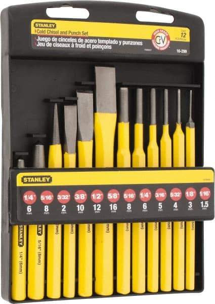 Stanley - 12 Piece Punch & Chisel Set - 3/8 to 5/8" Chisel, 1/16 to 5/16" Punch, Hex Shank - Americas Industrial Supply