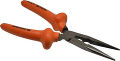 Facom - 8-9/32" OAL, 2-23/32" Jaw Length x 1-3/8" Jaw Width, Long Nose Side Cutting Burnished Insulated Pliers - Serrated Jaw, Half Round Nose Head, Plastic Coated Handles - Americas Industrial Supply