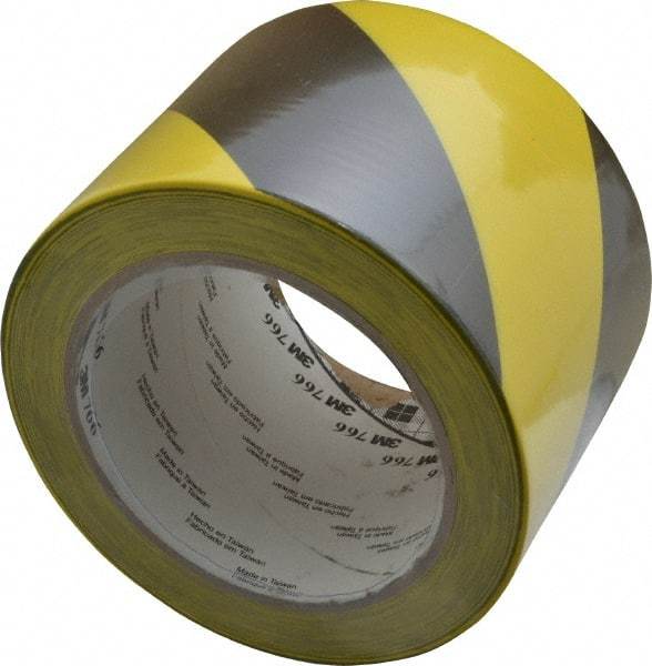 3M - Black & Yellow Striped Vinyl Tape - 3" Wide x 108' Long x 0.005" Thick, General Traffic - Americas Industrial Supply