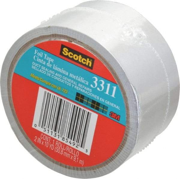 3M - 2" x 10 Yds Silver Foil Tape - 3.6 mil, Rubber Adhesive, Aluminum Foil Backing, 17 Lb/ln Tensile Strength, -10°F to 180°F, Series 3311 - Americas Industrial Supply