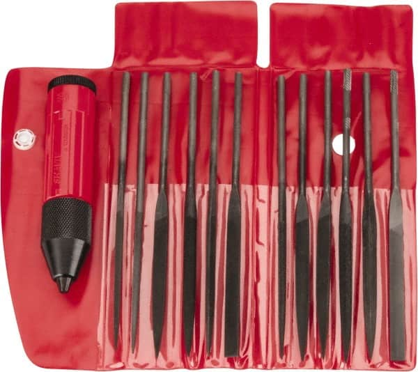 Value Collection - 13 Piece Swiss Pattern File Set - Medium Coarseness, Set Includes Crochet, Flat, Pippin, Round, Slitting, Square, Three Square - Americas Industrial Supply