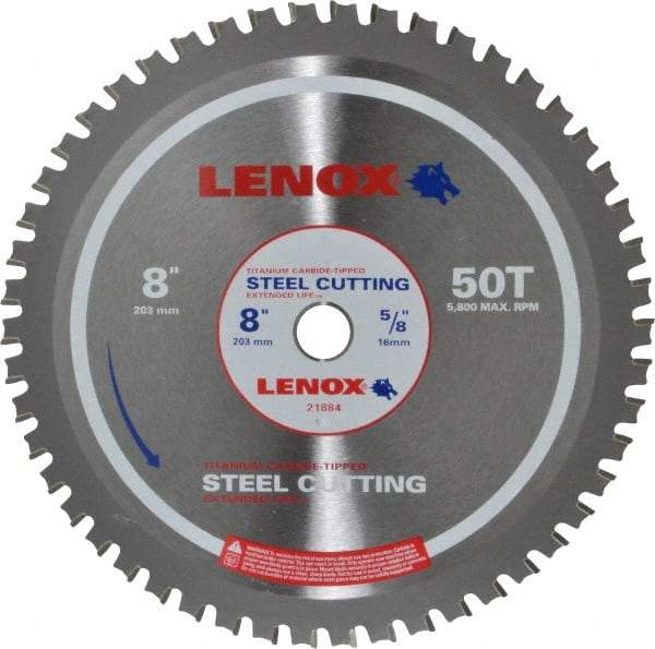 Lenox - 8" Diam, 5/8" Arbor Hole Diam, 50 Tooth Wet & Dry Cut Saw Blade - Titanium Carbide-Tipped, General Purpose Action, Standard Round Arbor - Americas Industrial Supply