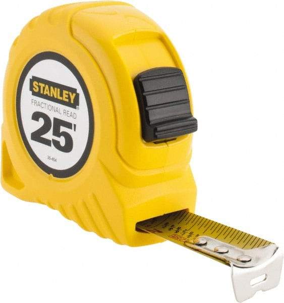 Stanley - 25' x 1" Yellow Blade Tape Measure - 1/16 & 1/8" Graduation, Inch Graduation Style, Yellow Case - Americas Industrial Supply