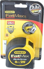 Stanley - 26' x 1-1/4" Yellow Blade Tape Measure - 1/32 & 1/16" & 1mm Graduation, Inch/Metric Graduation Style, Yellow/Black Case - Americas Industrial Supply