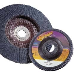 Norton - 40 Grit, 4-1/2" Disc Diam, 7/8" Center Hole, Type 27 Zirconia Alumina Flap Disc - 13,000 Max RPM, Fiberglass Backing, Arbor Attaching System, Coated - Americas Industrial Supply