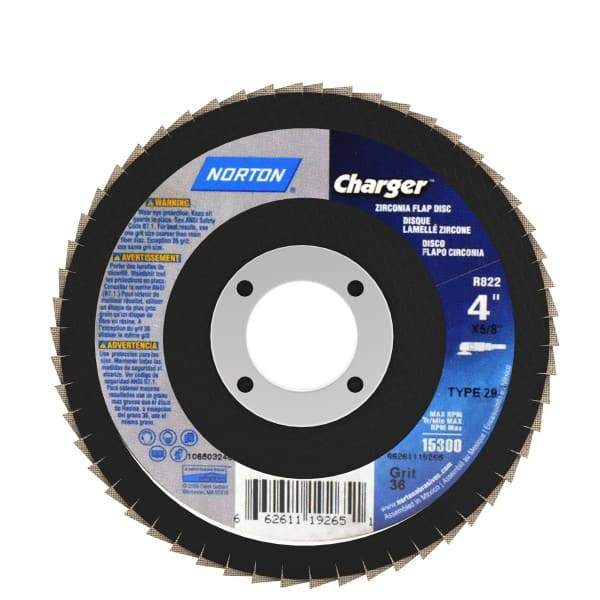 Norton - 36 Grit, 4" Disc Diam, 5/8" Center Hole, Type 29 Zirconia Alumina Flap Disc - 15,000 Max RPM, Fiberglass Backing, Arbor Attaching System, Coated - Americas Industrial Supply