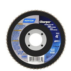 Norton - 36 Grit, 4" Disc Diam, 5/8" Center Hole, Type 29 Zirconia Alumina Flap Disc - 15,000 Max RPM, Fiberglass Backing, Arbor Attaching System, Coated - Americas Industrial Supply