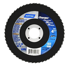 Norton - 40 Grit, 4-1/2" Disc Diam, 7/8" Center Hole, Type 29 Zirconia Alumina Flap Disc - 13,000 Max RPM, Fiberglass Backing, Arbor Attaching System, Coated - Americas Industrial Supply