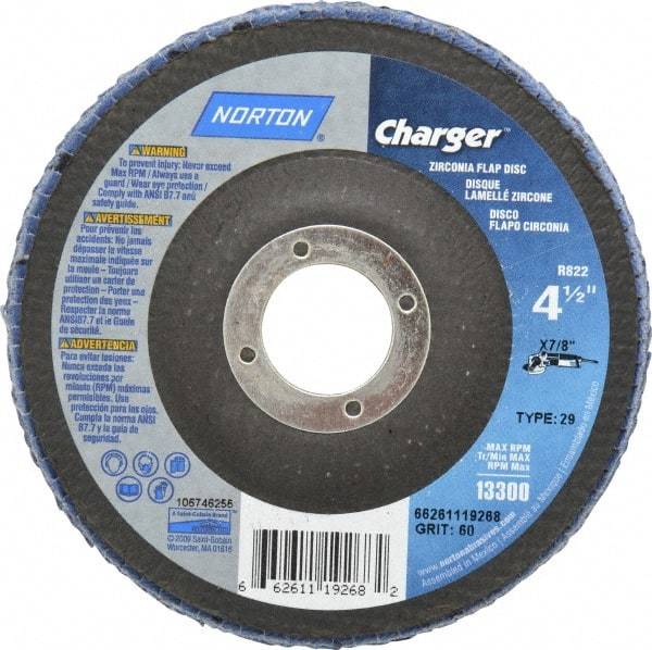 Norton - 60 Grit, 4-1/2" Disc Diam, 7/8" Center Hole, Type 29 Zirconia Alumina Flap Disc - 13,000 Max RPM, Fiberglass Backing, Arbor Attaching System, Coated - Americas Industrial Supply