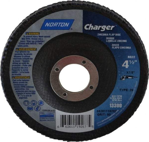 Norton - 80 Grit, 4-1/2" Disc Diam, 7/8" Center Hole, Type 29 Zirconia Alumina Flap Disc - 13,000 Max RPM, Fiberglass Backing, Arbor Attaching System, Coated - Americas Industrial Supply