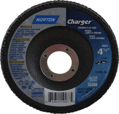 Norton - 80 Grit, 4-1/2" Disc Diam, 7/8" Center Hole, Type 29 Zirconia Alumina Flap Disc - 13,000 Max RPM, Fiberglass Backing, Arbor Attaching System, Coated - Americas Industrial Supply