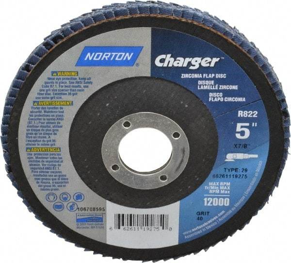 Norton - 40 Grit, 5" Disc Diam, 7/8" Center Hole, Type 29 Zirconia Alumina Flap Disc - 13,000 Max RPM, Fiberglass Backing, Coated - Americas Industrial Supply