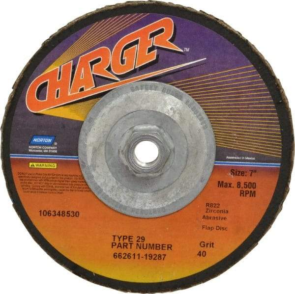 Norton - 40 Grit, 7" Disc Diam, 5/8-11 Center Hole, Type 29 Zirconia Alumina Flap Disc - 8,600 Max RPM, Fiberglass Backing, Coated - Americas Industrial Supply