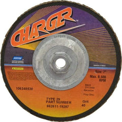 Norton - 40 Grit, 7" Disc Diam, 5/8-11 Center Hole, Type 29 Zirconia Alumina Flap Disc - 8,600 Max RPM, Fiberglass Backing, Coated - Americas Industrial Supply