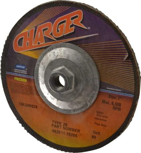 Norton - 80 Grit, 7" Disc Diam, 5/8-11 Center Hole, Type 29 Zirconia Alumina Flap Disc - 8,600 Max RPM, Fiberglass Backing, Coated - Americas Industrial Supply