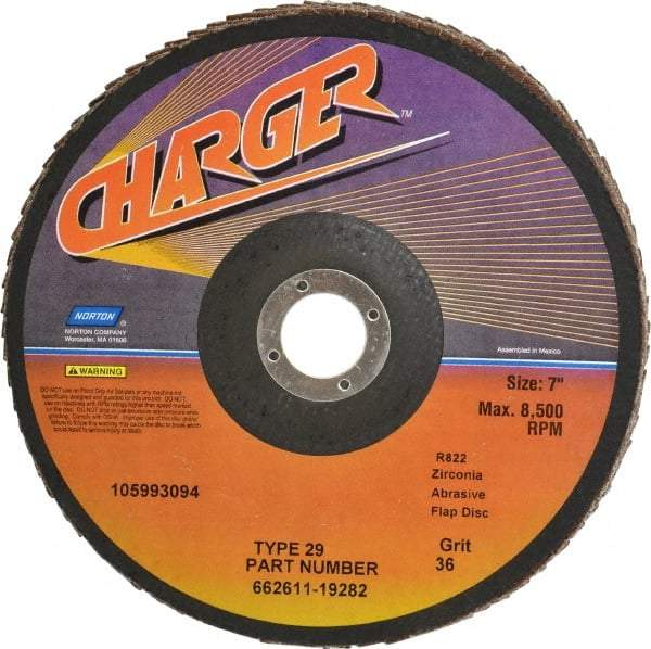Norton - 36 Grit, 7" Disc Diam, 7/8" Center Hole, Type 29 Zirconia Alumina Flap Disc - 8,600 Max RPM, Fiberglass Backing, Coated - Americas Industrial Supply