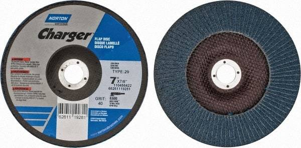 Norton - 40 Grit, 7" Disc Diam, 7/8" Center Hole, Type 29 Zirconia Alumina Flap Disc - 8,600 Max RPM, Fiberglass Backing, Arbor Attaching System, Coated - Americas Industrial Supply