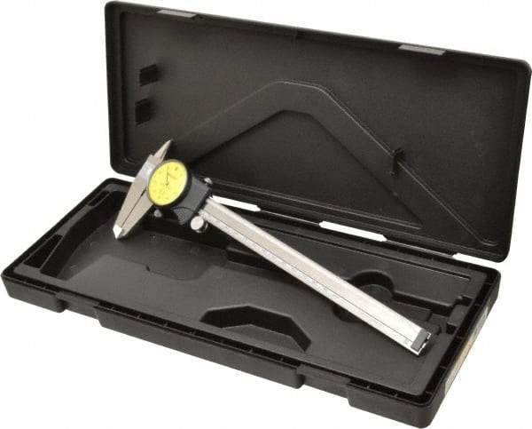 Mitutoyo - 0mm to 200mm Range, 0.01 mm Graduation, 1mm per Revolution, Dial Caliper - Yellow Face, 50mm Jaw Length, Accurate to 0.03mm - Americas Industrial Supply