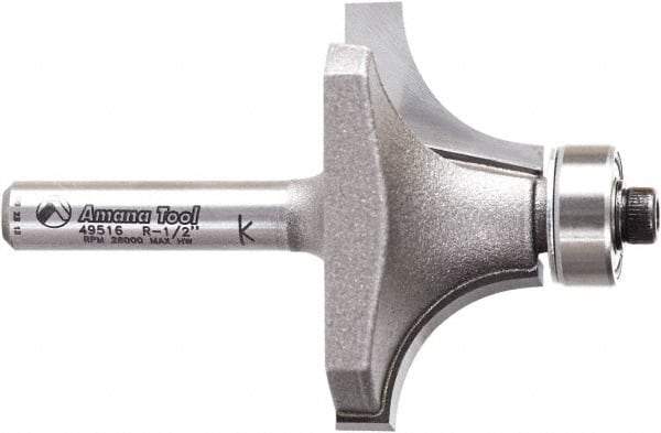 Amana Tool - 1-1/2" Cut Diam, 3/4" Length of Cut, 2 Flute Round-Over Edge Profile Router Bit - Carbide-Tipped, 1/4" Shank Diam, 2-1/4" OAL, Uncoated - Americas Industrial Supply