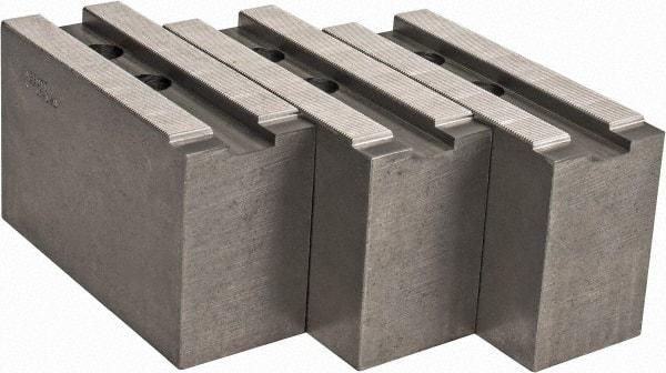 Abbott Workholding Products - 15 to 18" Chuck Capacity, 1.5mm x 60° Serrated Attachment, Square Soft Lathe Chuck Jaw - 3 Jaws, Steel, 1.6929" Btw Mount Hole Ctrs, 6-1/2" Long x 2-1/2" Wide x 4" High, 0.8661" Groove, 0.7874" & 20mm Fastener - Americas Industrial Supply