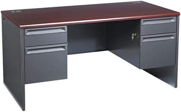 Hon - Woodgrain Laminate/Metal Double Pedestal Desk - 60" Wide x 30" Deep x 29" High, Mahogany/Charcoal - Americas Industrial Supply