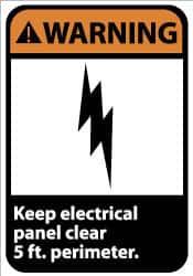 NMC - "Warning - Keep Electrical Panel Clear 5 Ft. Perimeter", 14" Long x 10" Wide, Aluminum Safety Sign - Rectangle, 0.04" Thick, Use for Accident Prevention - Americas Industrial Supply